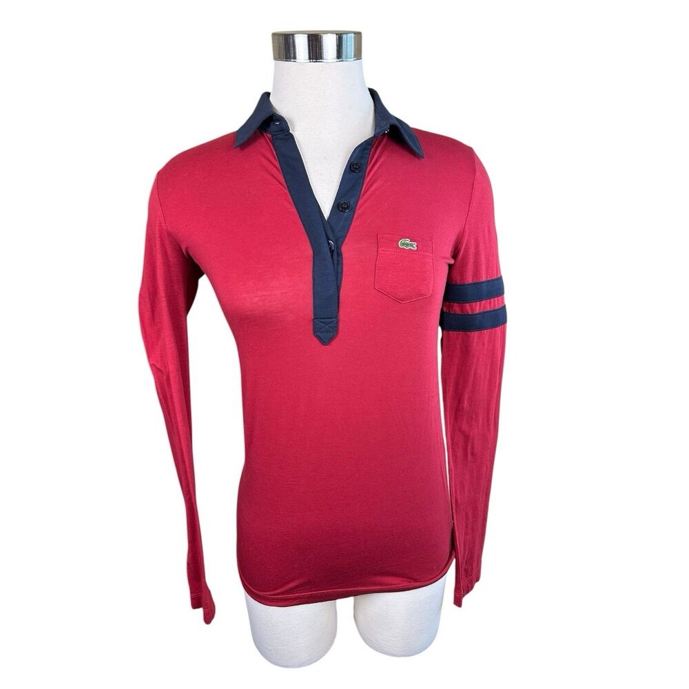 Lacoste Women’s Polo Shirt Red Blue Contrast Collar Arm Stripe Sz S